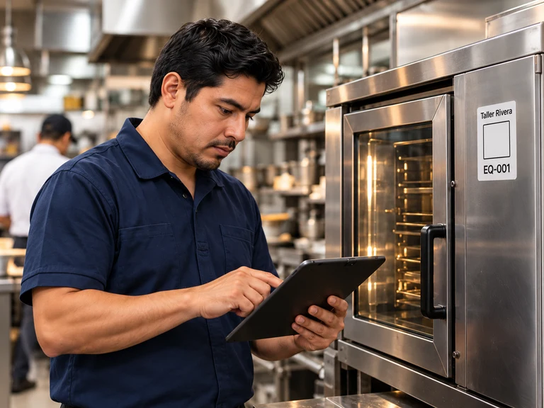 Técnico del taller revisando información en una tablet junto a un horno industrial